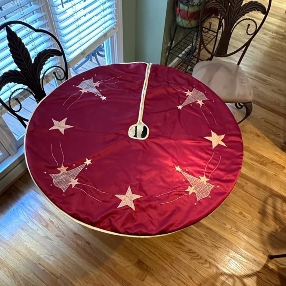 Large Dark Red Tree Skirt with Gold Appliqués Trees and Stars. 46 inch